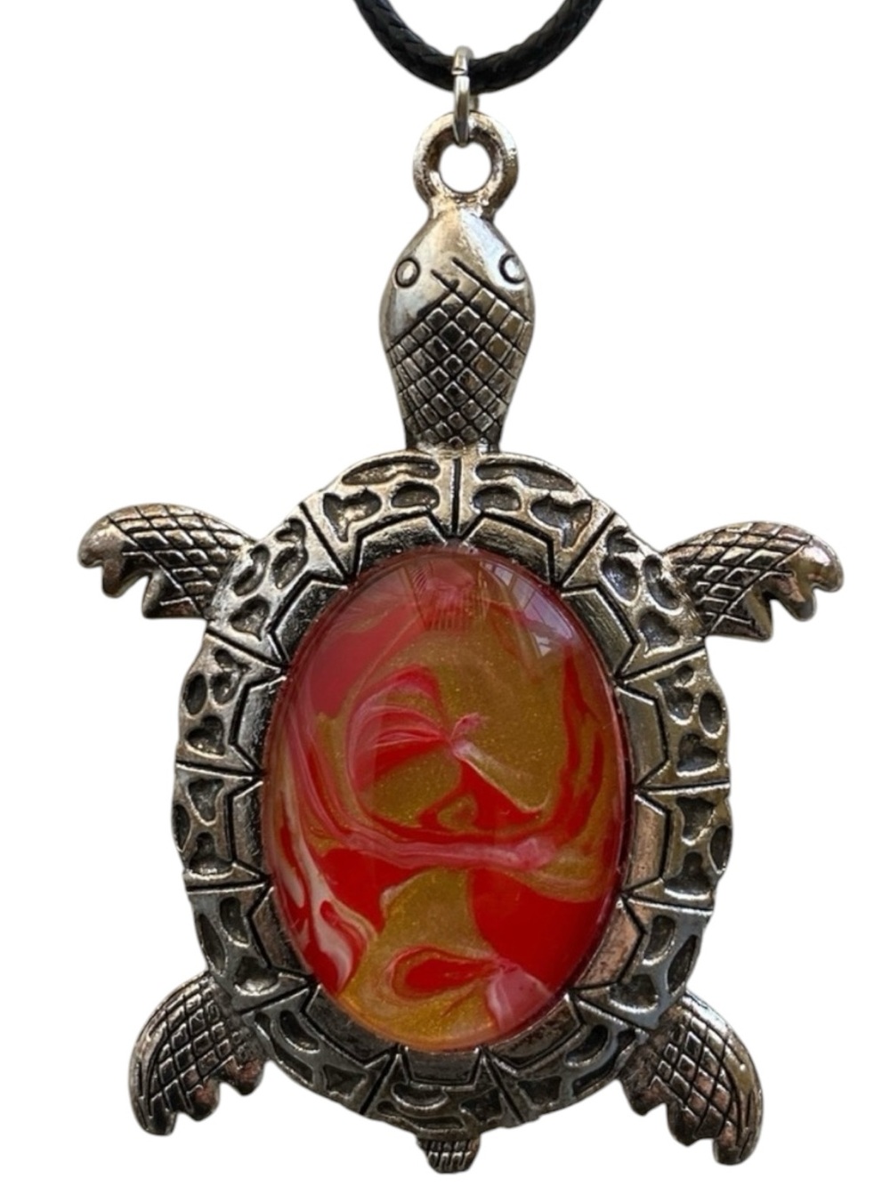 Hand Crafted Fluid Art Necklace by Svetlana Yeung Red and Gold Turtle Pendant